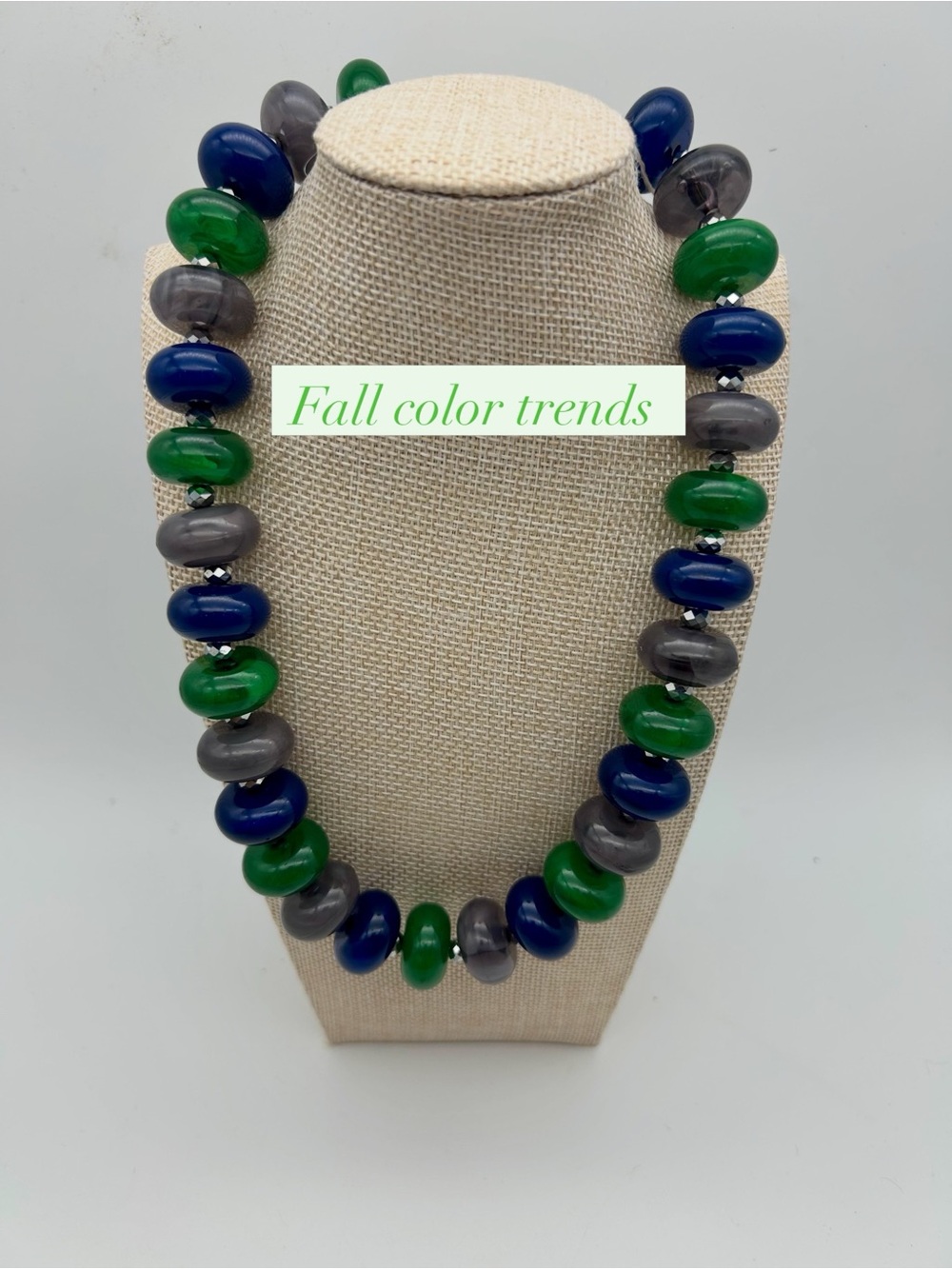Bold Glass Bead Necklace in Blue, Green & Gray